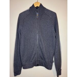 Hugo Boss Mens Full Zip Mock Neck Sweater Charcoal Gray Stripe Sleeve Small